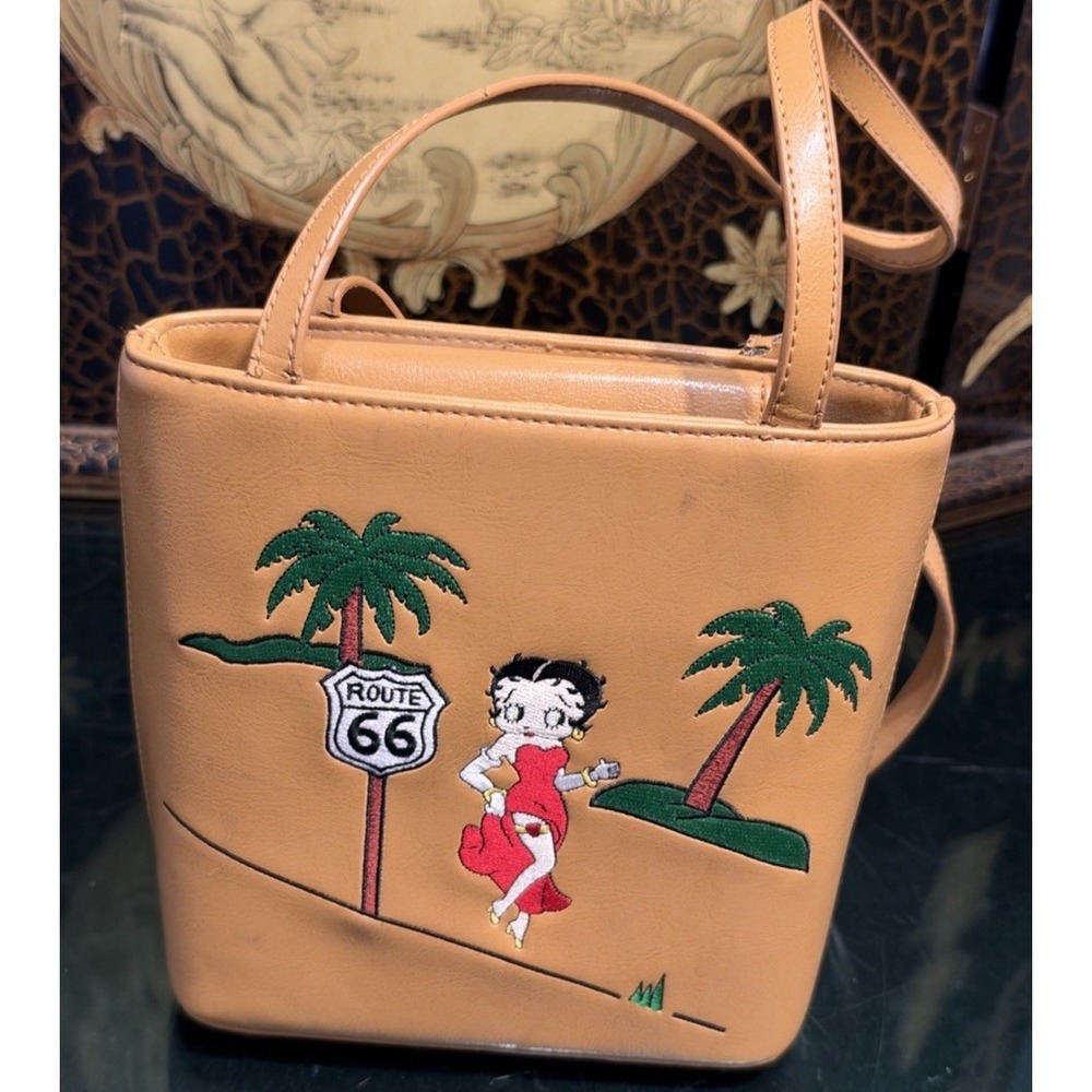 Classic Betty Boop Route 66 Tan Faux Leather Embroidered Med Bucket Handbag